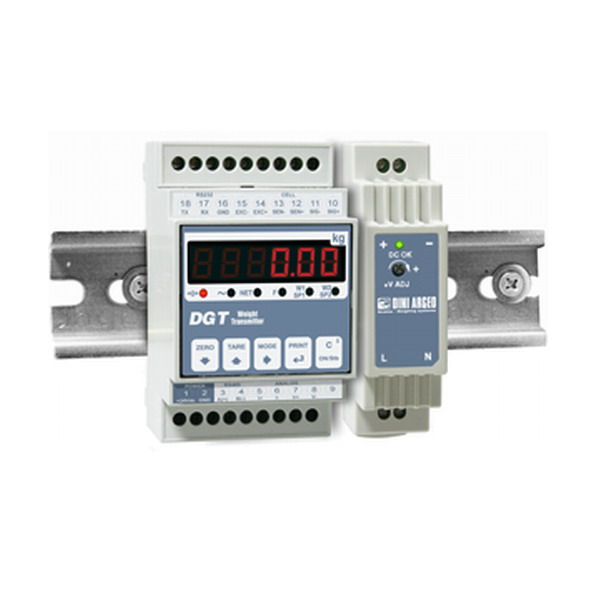 DINI ARGEO - DGT1AN, transmiter - indikátor hmotnosti s analogovým výstupem (Indikátor hmotnosti DINI ARGEO pro průmyslové aplikace, umístění na DIN lištu, analogový výstup prudový i napěťový)